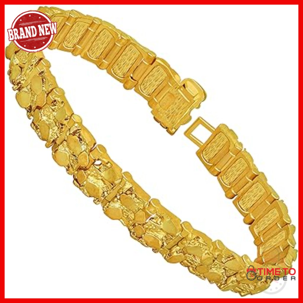 13mm Rugged Nugget Link Bracelet 24k Gold Plated Unisex Lobster Clasp